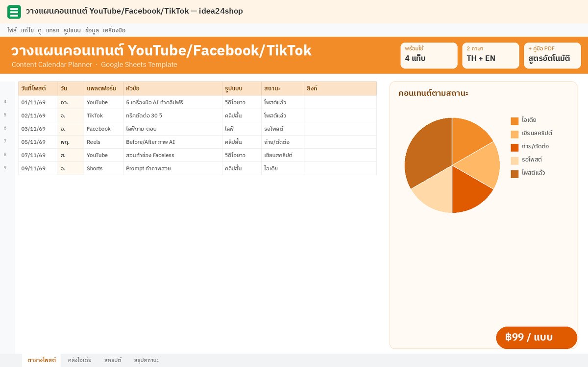 Google Sheet วางแผนคอนเทนต์ YouTube/Facebook/TikTok